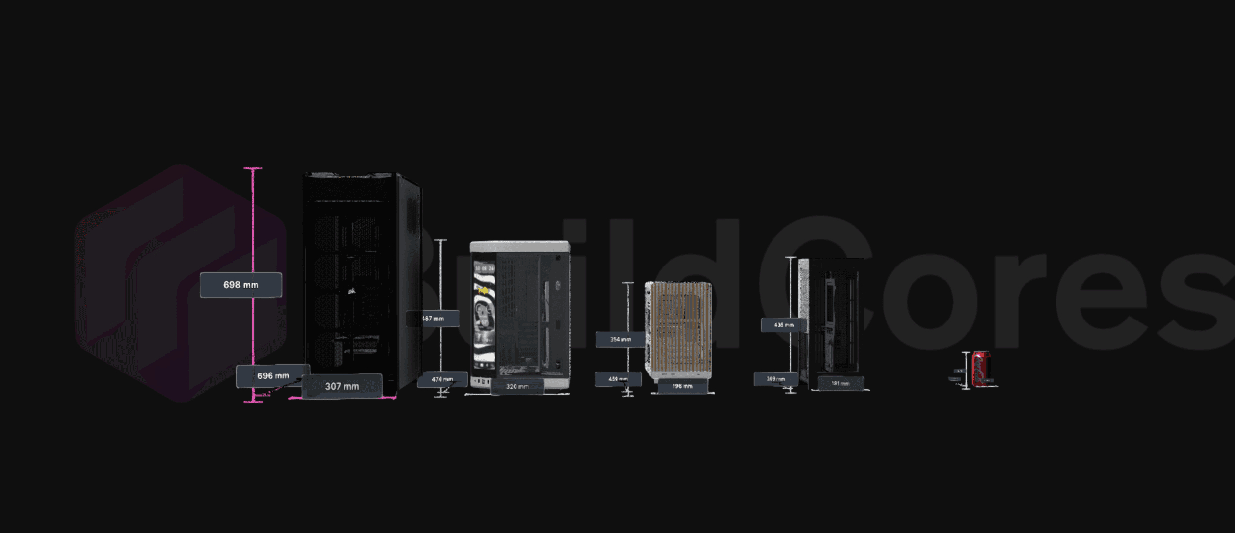 BuildCores PC case size comparison preview showing multiple PC cases with width and height measurements